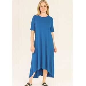 Eileen Fisher SZ S Lightweight Viscose Jersey Asymmetrical A-Line Dress Nile